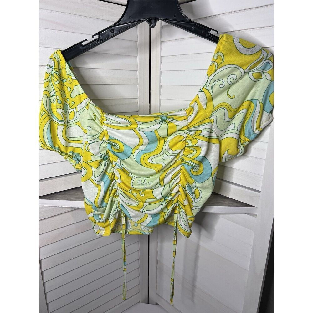Liberty Love Floral Short‎ Sleeve Tie Scrunch Boho Crop Top JUNIORS XL Cute!